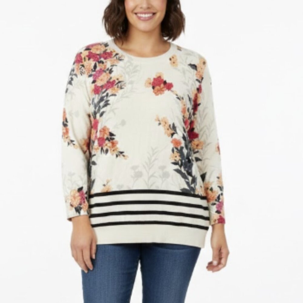 Talbots Floral Soft Lightweight Round Neck Stretch Knit Top Large - Picture 1 of 11